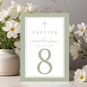 Numéro De Table Croix Religieuse Vert Sauge Garçon Baptême