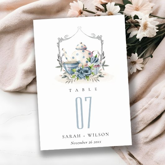 Numéro De Table Cute Aqua Blue floral Teapot Crest Mariage