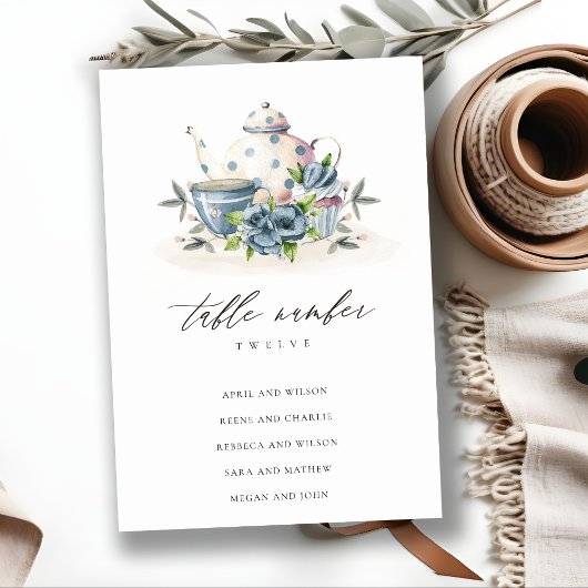 Numéro De Table Cute Aqua Blue Floral Teapot Cup Mariage assis