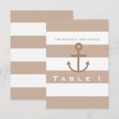 Numéro de table d'ancre rayé marron taupe et blanc (Devant / Derrière)