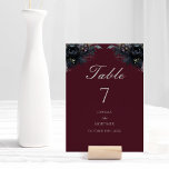 Numéro De Table Dark Gothic Floral Bourgogne Mariage Numéro de tab<br><div class="desc">Ce modèle de numéro de table de mariage de couleur bordeaux gothique foncé est composé d'un arrière - plan bordeaux à bijou sobre, à l'aquarelle victorienne rétro, et d'ornements fleuris ornés d'une police minimaliste moderne qui offre une présentation sophistiquée et fantaisiste pour un mariage goth romantique intemporel ou toute autre...</div>