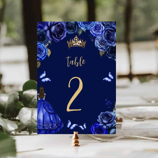 Numéro De Table Dark Royal Blue Gold Floral Princess Quinceañera