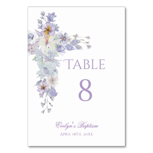 Numéro de table de baptême à croix florale lavande (Par défaut)