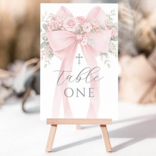 Numéro de table de baptême floral ruban rose
