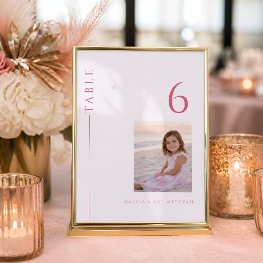 Numéro de table de Bat Mitzvah rose clair avec pho