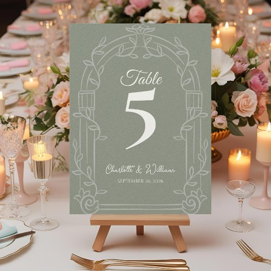 Numéro de Table de Mariage à Arche Ornée Vert Saug