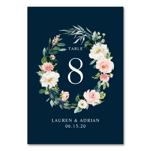 Numéro de table de mariage à couronne florale Navy (Dos)