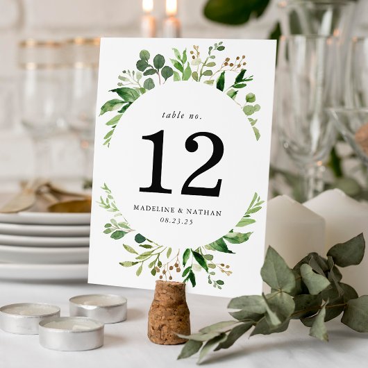 Numéro de table de mariage à la verdure aquarelle