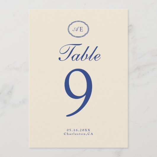 Numéro de table de mariage à monogramme bleu franç (Devant)