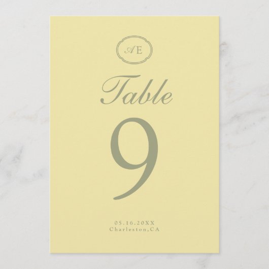 Numéro de table de mariage à monogramme jaune beur (Devant)