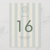 Numéro de table de mariage à monogramme rayé bleu (Dos)