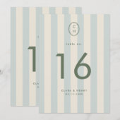 Numéro de table de mariage à monogramme rayé bleu (Devant / Derrière)