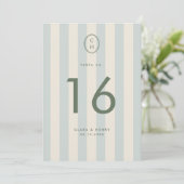Numéro de table de mariage à monogramme rayé bleu (Debout devant)