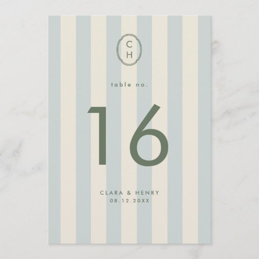 Numéro de table de mariage à monogramme rayé bleu (Devant)