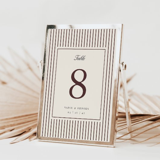Numéro de table de mariage à rayure bordeaux 5x7