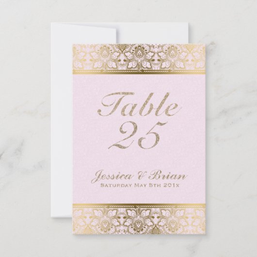 Numéro de table de mariage à ruban doré et rose (Devant)