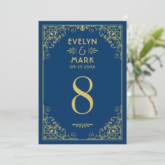 Numéro de table de mariage Art Déco Or et Navy fon (Debout devant)