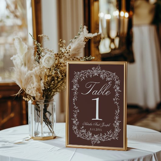Numéro de table de mariage au chocolat brun floral