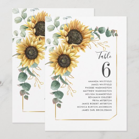 Numéro de table de mariage au tournesol d'eucalypt (Devant / Derrière)