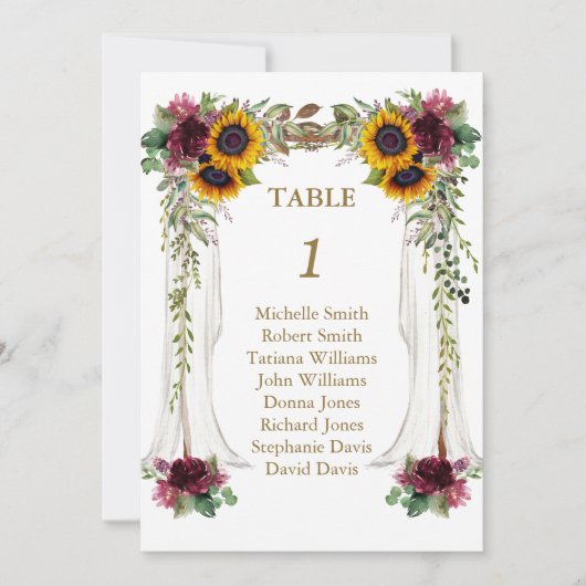 Numéro de table de mariage aux tournesols sous la (Devant)