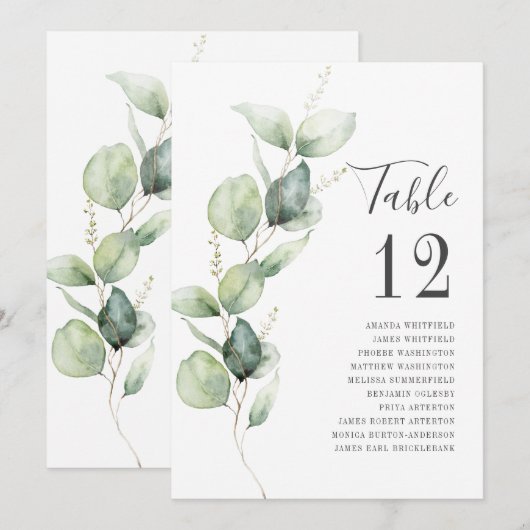 Numéro de table de mariage avec feuillage d'eucaly (Devant / Derrière)