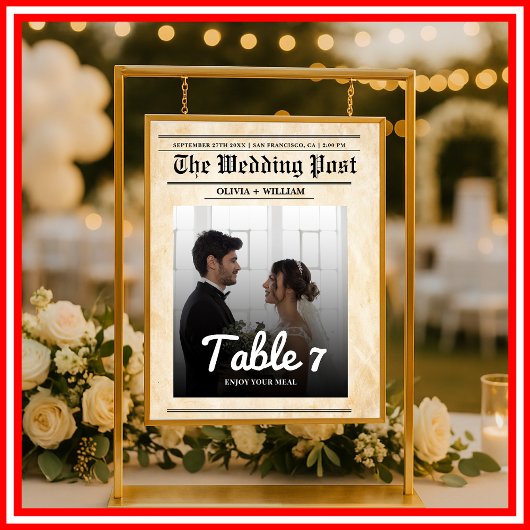 Numéro de table de mariage avec journal rustique e