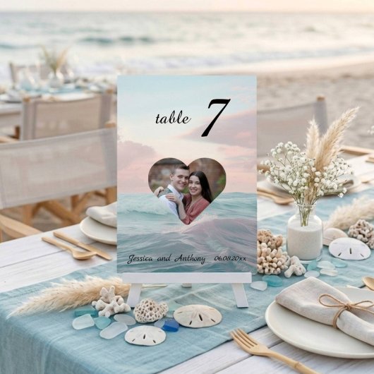 Numéro de table de mariage avec photo de plage élé