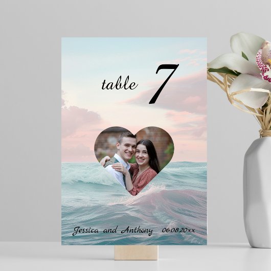 Numéro de table de mariage avec photo de plage uni