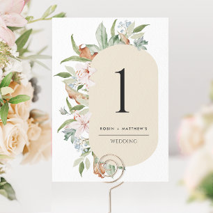 Numéro de table de mariage Beige Élégant, Fleurs T