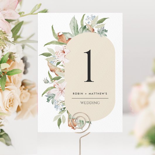Numéro de table de mariage Beige Élégant, Fleurs T