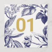 Numéro de table de mariage bleu et or botanique (Dos)