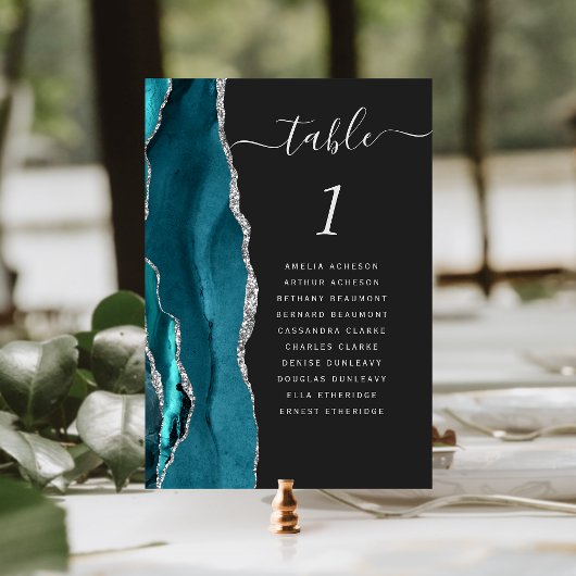 Numéro de table de mariage bleu sarcelle argenté A
