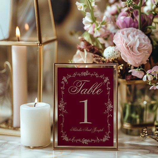 Numéro de table de mariage bordeaux beige floral f