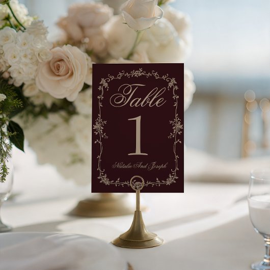 Numéro de table de mariage botanique bordeaux flor