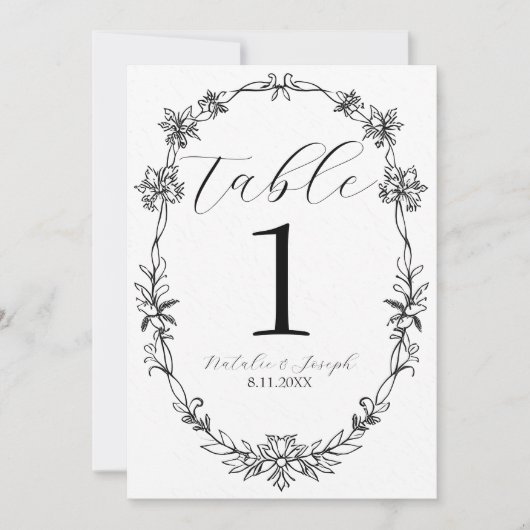 Numéro de table de mariage botanique noir et blanc (Devant)
