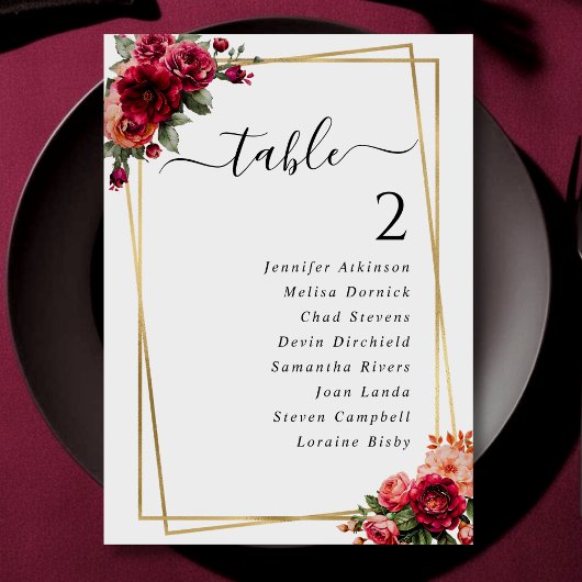 Numéro de table de mariage chic floral faux or