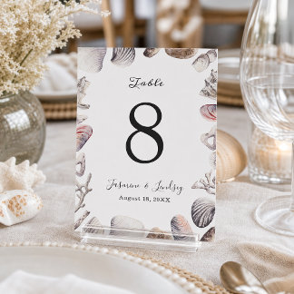 Numéro de table de mariage corail coquillage blanc
