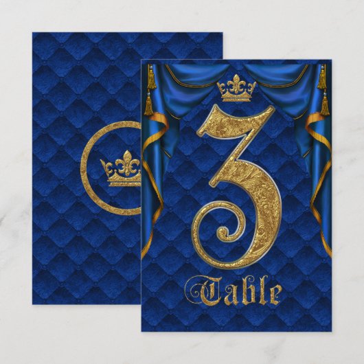 Numéro de table de mariage Couronne d'or Bleu Roya (Devant / Derrière)