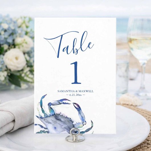 Numéro de table de mariage crabe aquarelle bleu cô