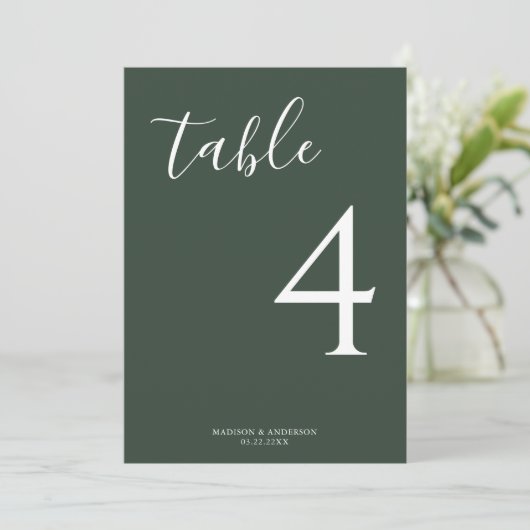 Numéro de table de Mariage de script vert profond (Debout devant)