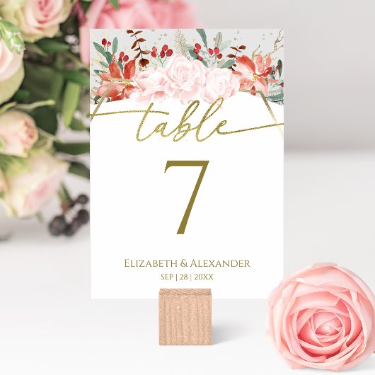 Numéro de table de mariage d'hiver aquarelle dorée