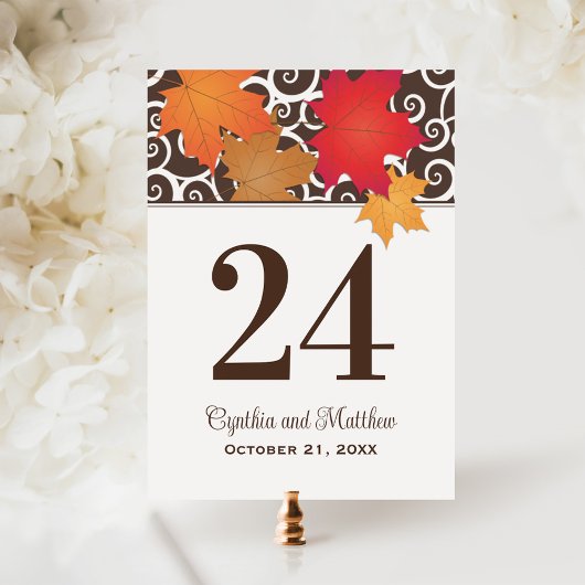 Numéro de table de mariage élégant avec feuilles d