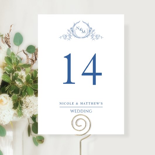 Numéro de table de mariage élégant bleu monogramme