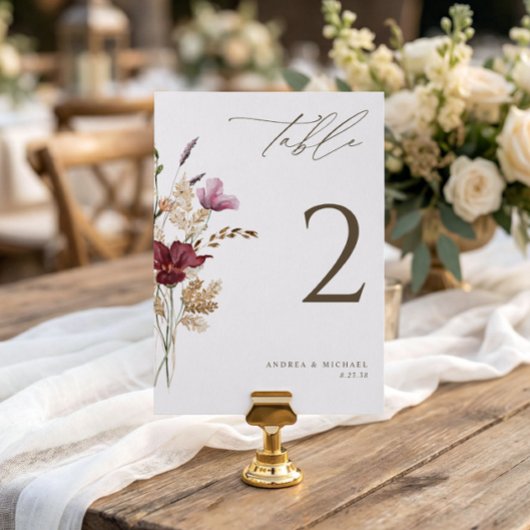 Numéro de table de mariage élégant Boho Wildflower