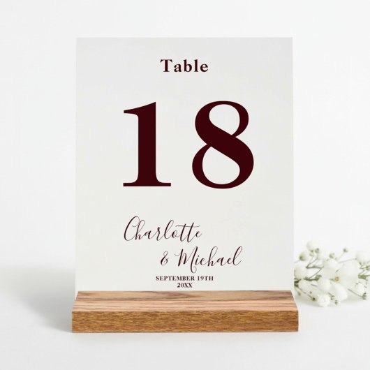 Numéro de table de mariage élégant bordeaux profon