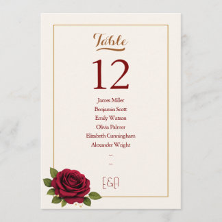 Numéro de table de mariage élégant Bourgogne et iv