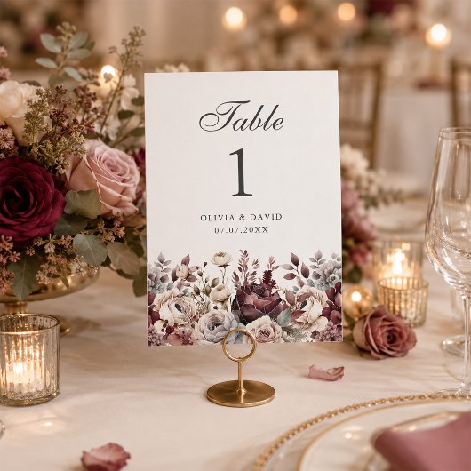 Numéro de table de mariage élégant Bourgogne et ro
