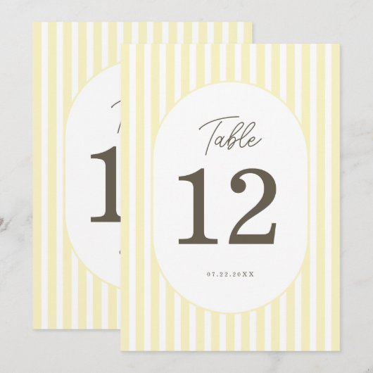 Numéro de table de mariage élégant rayé jaune doux (Devant / Derrière)