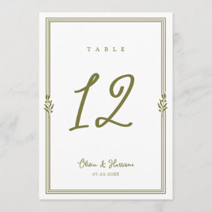 Numéro de table de mariage élégant vert olive tosc