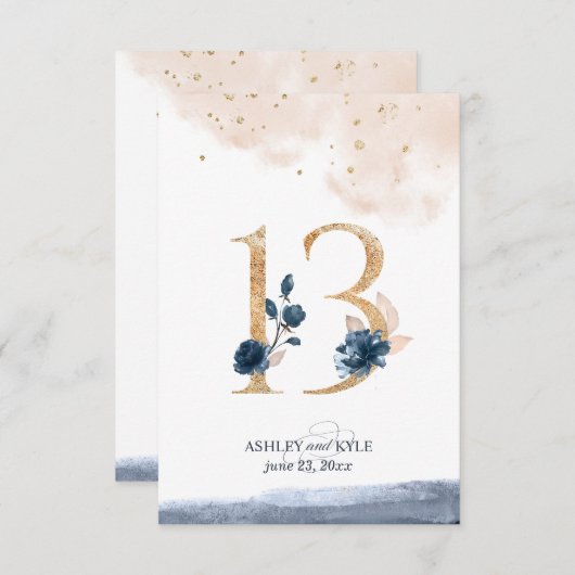 Numéro de table de mariage en bleu marine, rose bl (Devant / Derrière)